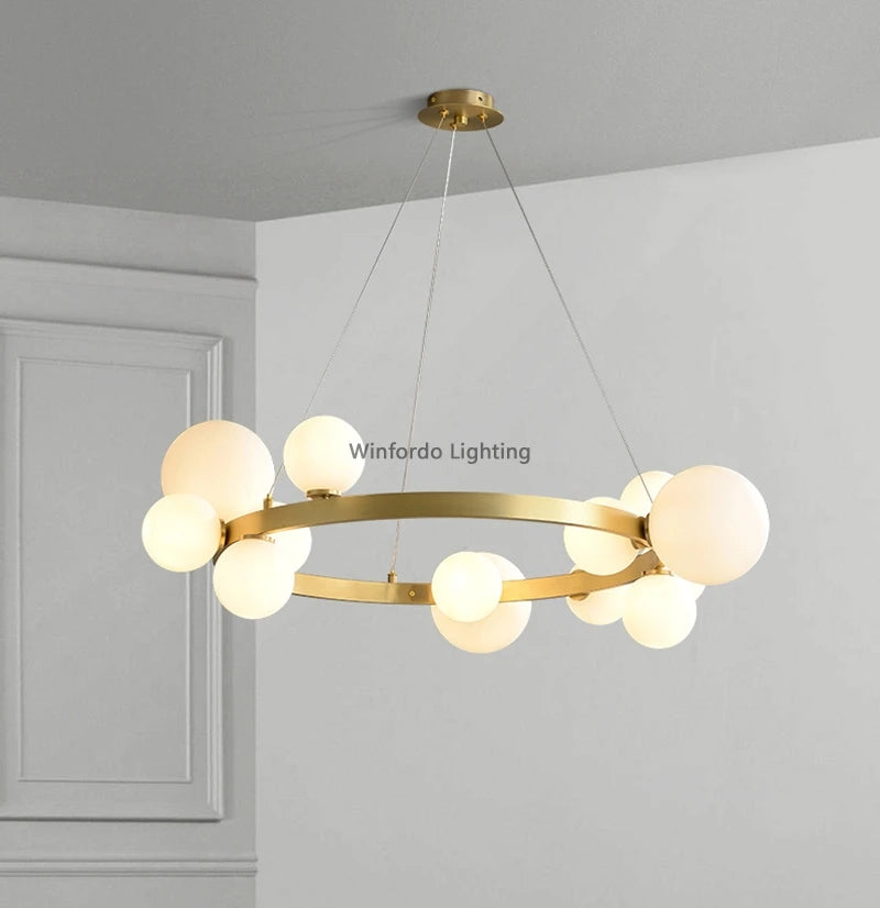 Lustre LED design doré rond à boules en verre - vue 7 sur 18