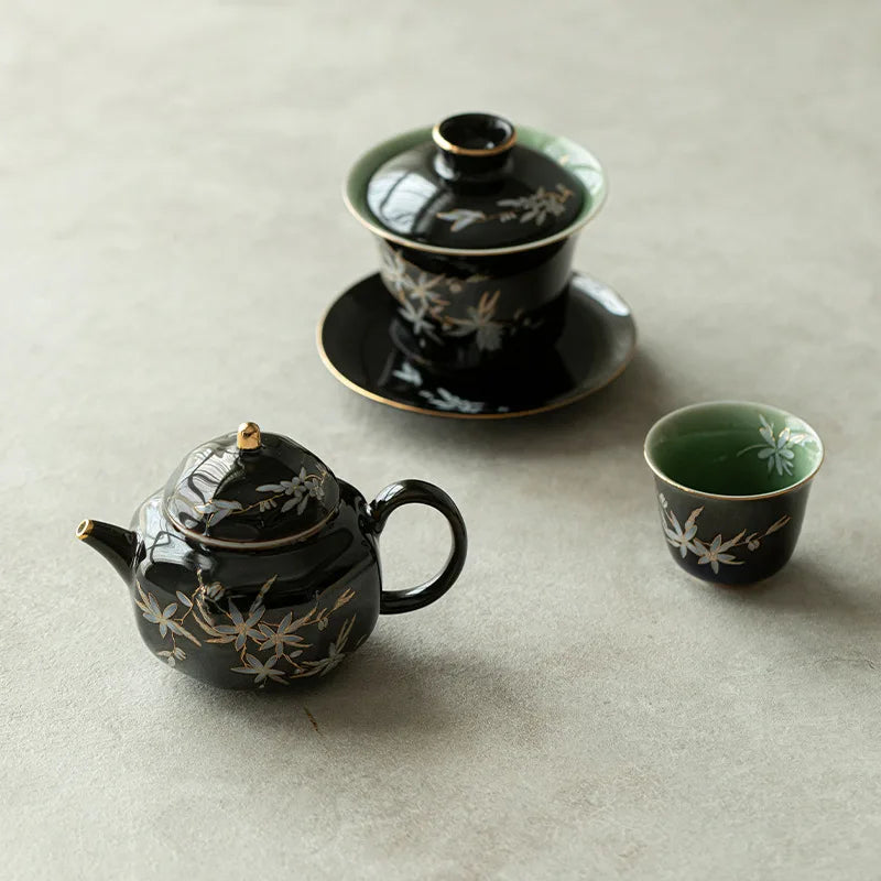 Théière chinoise rétro céramique kungfu motif floral abricot - vue 3 sur 7