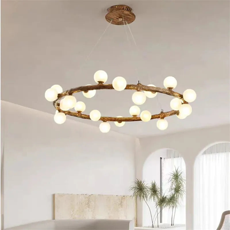 lustre nordique en bois avec anneau de personnalité et verre laiteux - vue 5 sur 11