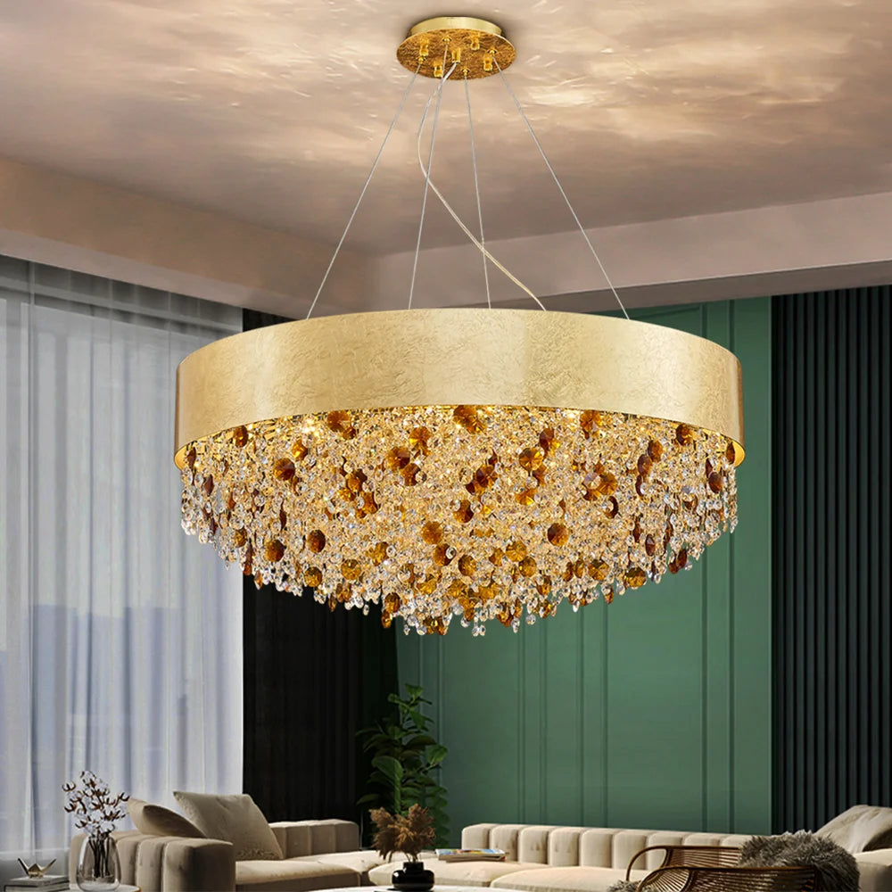 2024 Modern crystal chandelier for living room home decor hanging cristal lamp round gold led light fixture with dimmable - vue 3 sur 9