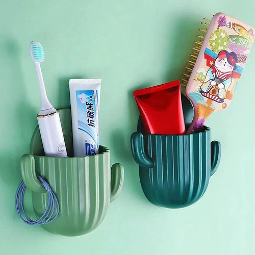 support mural auto-adhésif pour rangement de brosse et dentifrice cactus