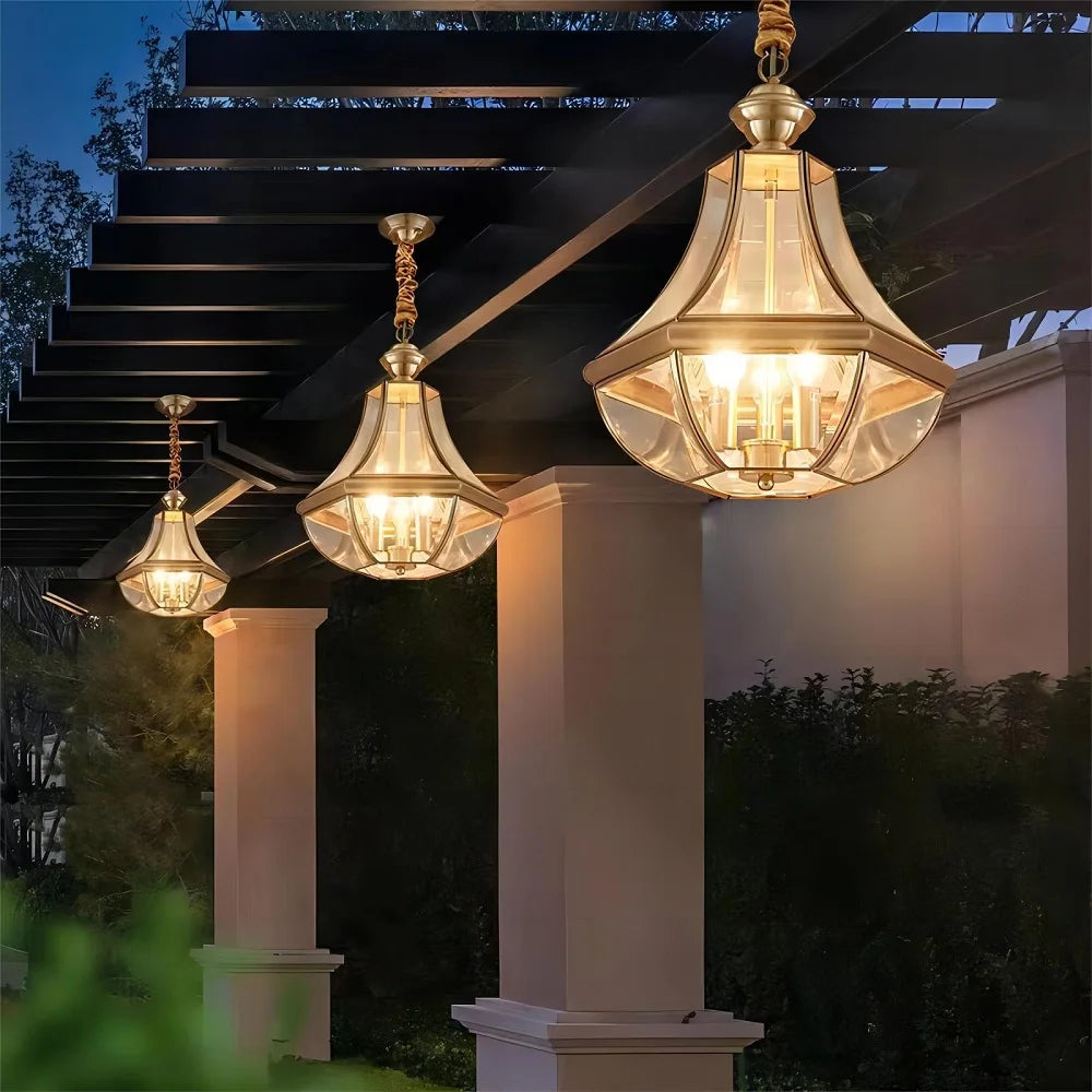 suspension extérieure Style américain Rural plein cuivre étanche lustre Villa porche solarium/couloir/balcon pavillon pavillon lampe en laiton - vue 4 sur 9