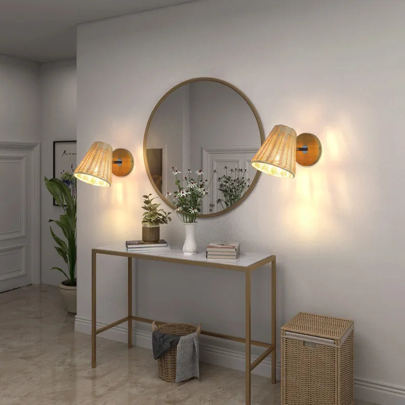 applique murale led vintage en rotin tissée à la main avec interrupteur - vue 5 sur 8