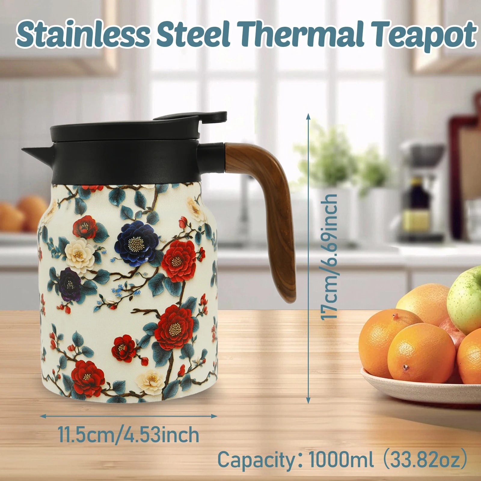 théière isotherme vintage motif floral inox infuseur thermostat