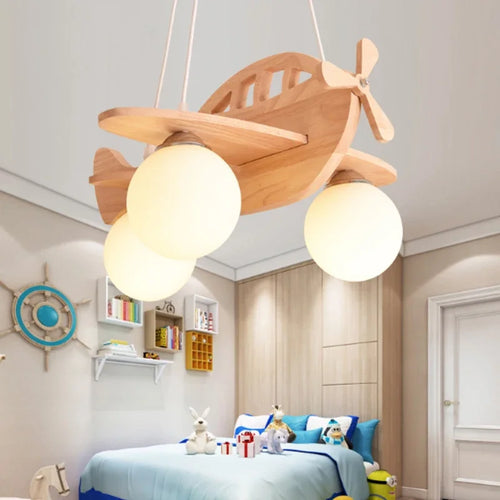 lustre moderne en bois fait main pour chambre enfant décor avion - vue 4 sur 7