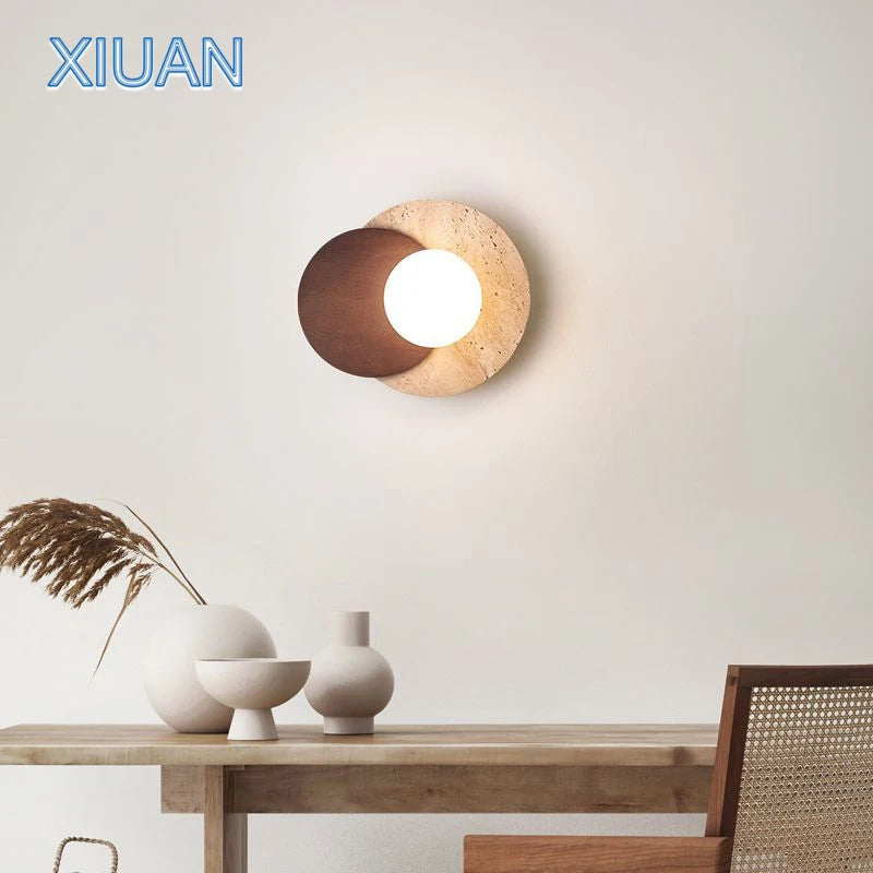 Japanese style Wabi-sabi Round Wall Lamps for Living Room Bedside Aisle Stair Entrance Decor Yellow Cave Stone Solid Wood Light - vue 5 sur 8