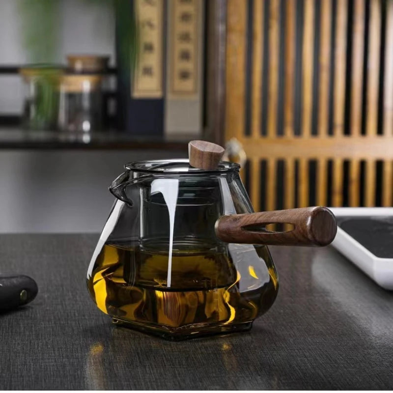 Theiere verre borosilicate poignée bois résistante chaleur