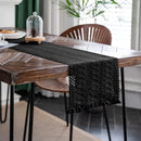 Chemin de table boheme beige motifs geometriques pompons