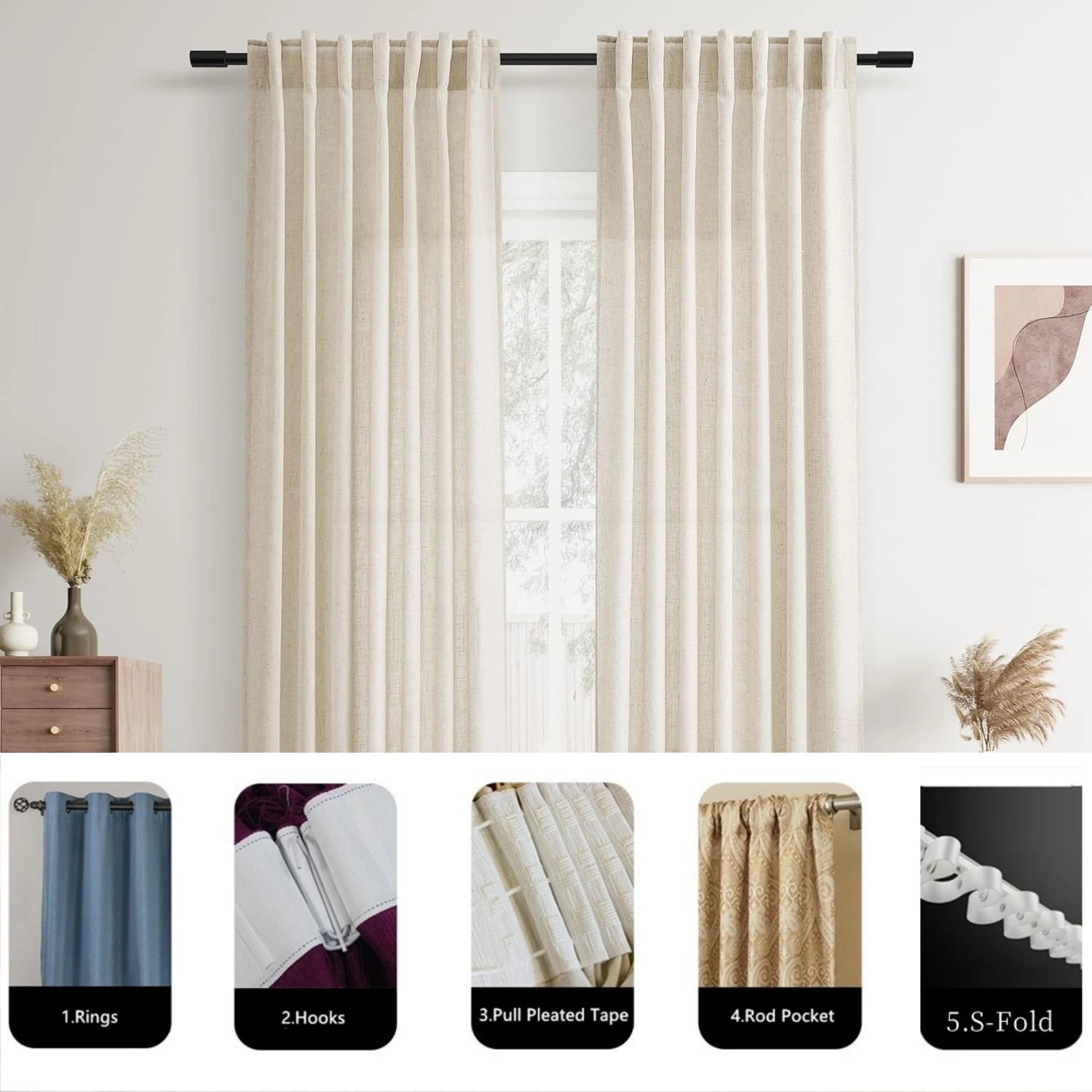 Voilage effet lin extra long fenêtres plafond haut - vue 5 sur 10