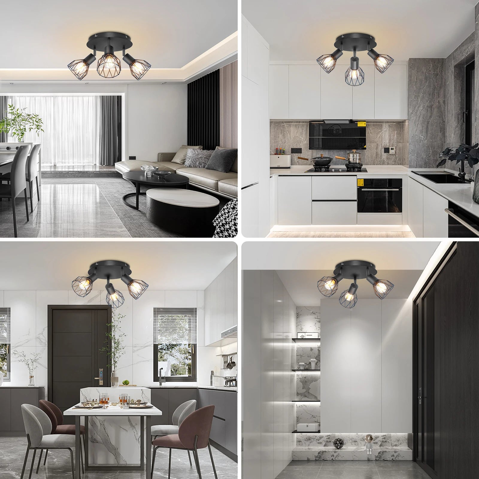 Spot de Plafond 3 Voies Rotatif - Spot Plafond Noir/Blanc Plafonniers E14 - Spot Luminaires Fil Cage Mur - vue 6 sur 7