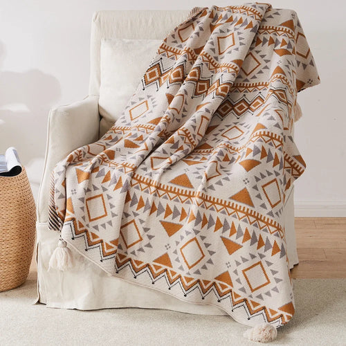 plaid tricoté géométrique bohème avec pompons doux chaud - vue 4 sur 6