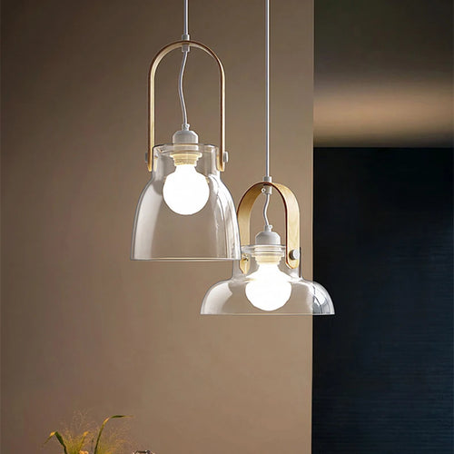 suspension moderne en verre transparent avec ampoule en bois - vue 2 sur 8