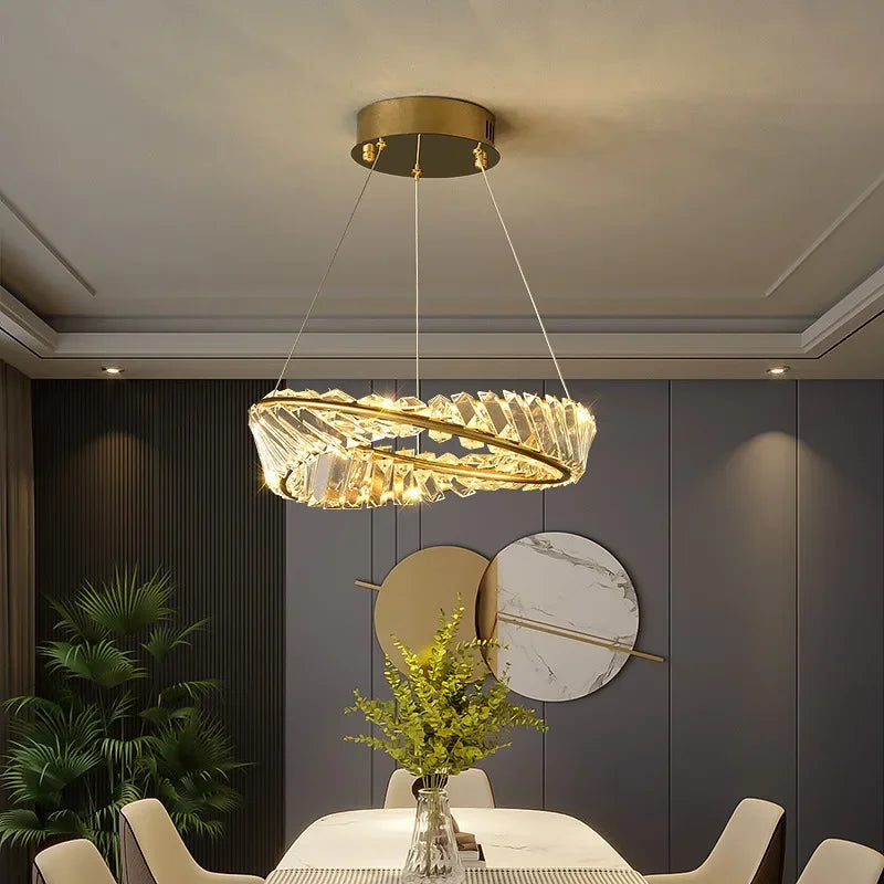 lustre moderne en cristal led avec anneau en acier décoratif - vue 5 sur 13