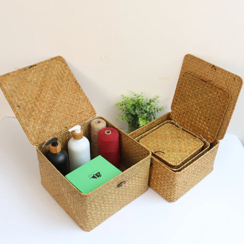 lot de 4 paniers en jonc de mer avec couvercle décoratifs et pratiques - vue 5 sur 6