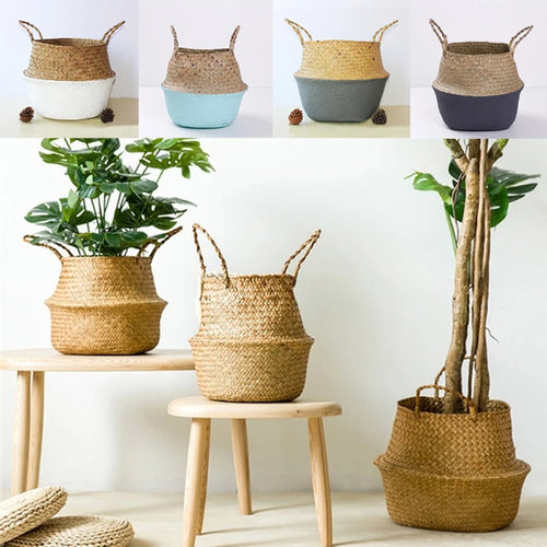 paniers de rangement pliables en rotin avec poignée pour divers usages - vue 3 sur 12