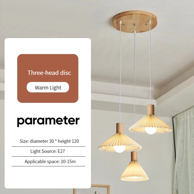 suspension moderne en tissu plissé avec base en bois - vue 10 sur 14