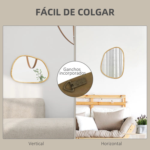 miroir mural homcom forme irrégulière cadre en bois naturel - vue 6 sur 7