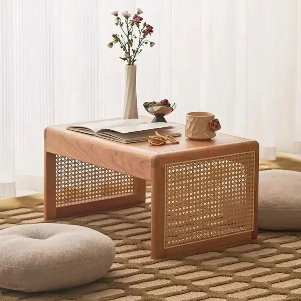 table basse en rotin massif style japonais rétro pour loisirs - vue 4 sur 10