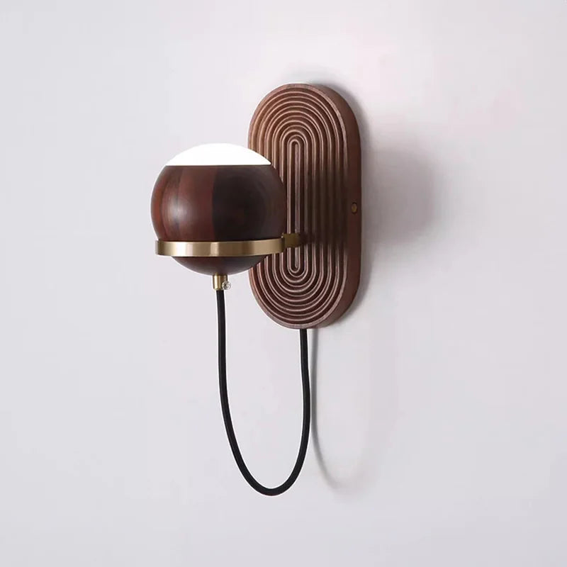 Walnut Wood Circular Sphere, Wabi-sabi minimalist Modern style, Wall Sconce light for Bedroom, Bedside, Living, Dining Room - vue 6 sur 8