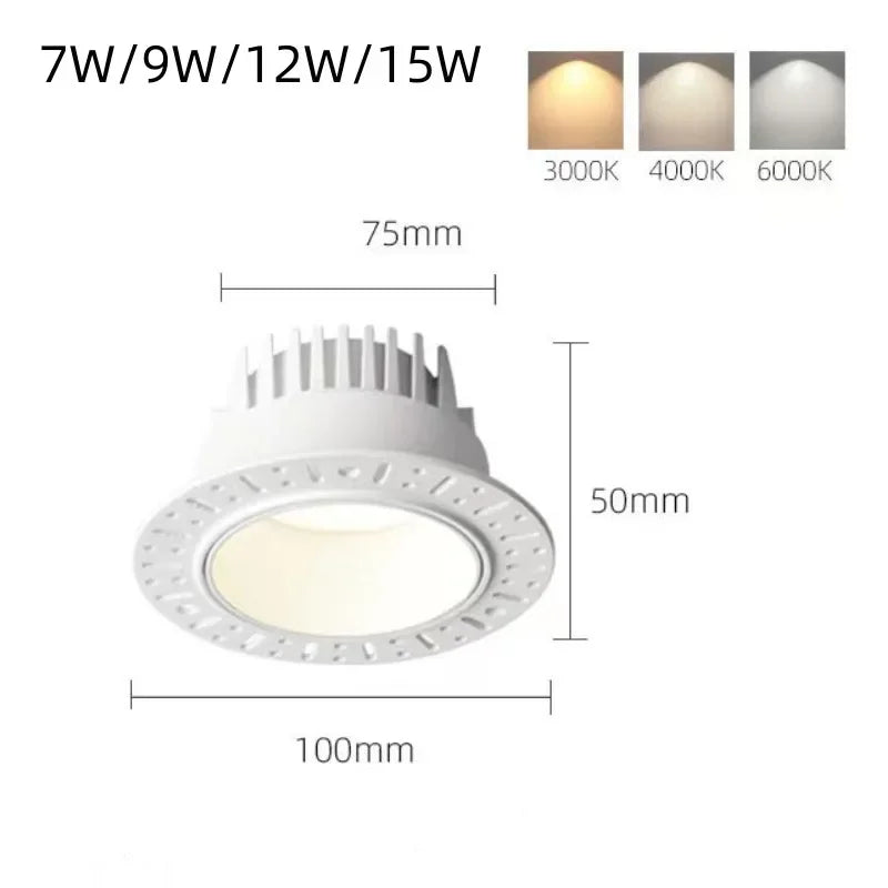 Borderless Embedded Anti Glare COB Downlight 7W 9W 12W 15W Dimmable 85-265V Spotlight Ceiling Lamp, Suitable For Hotel And villa - vue 6 sur 8