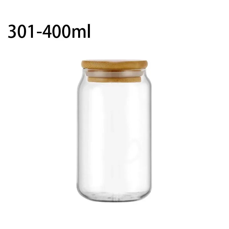 Tasse verre canette avec couvercle bambou et paille
