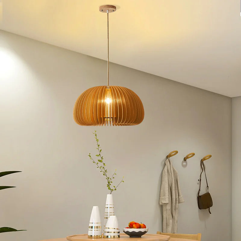 lustre en bois japonais style nordique rétro citrouille pour intérieur - vue 3 sur 11