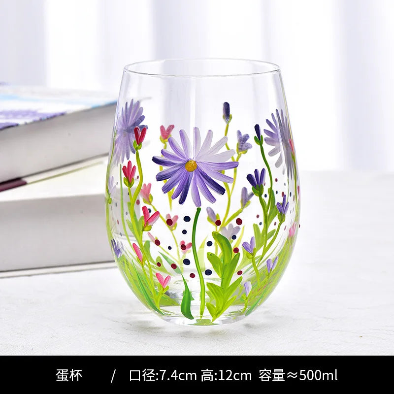 Verres vin cristal peints main motif floral élégant