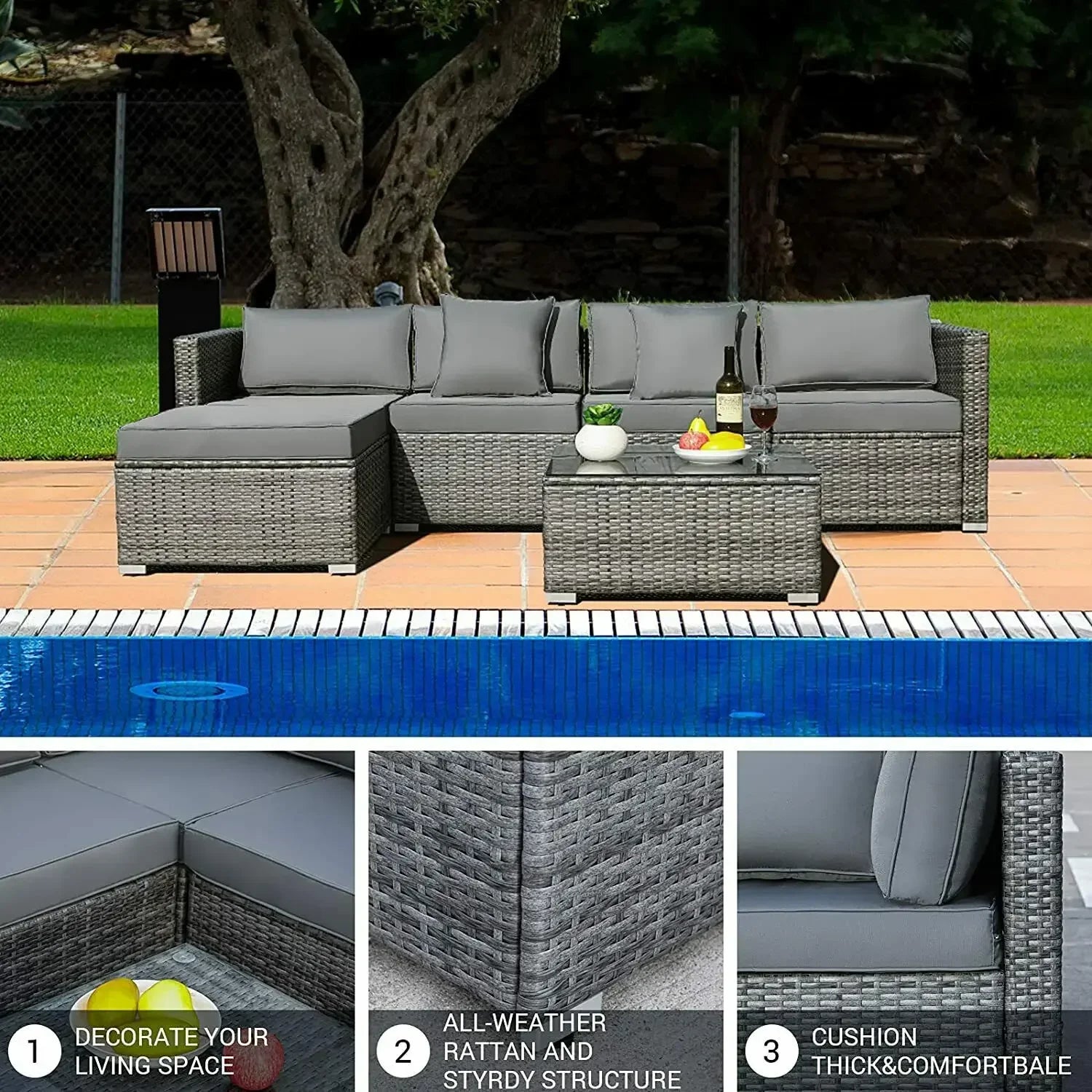ensemble de canapés dangle de jardin en rotin avec table basse et coussins - vue 8 sur 8
