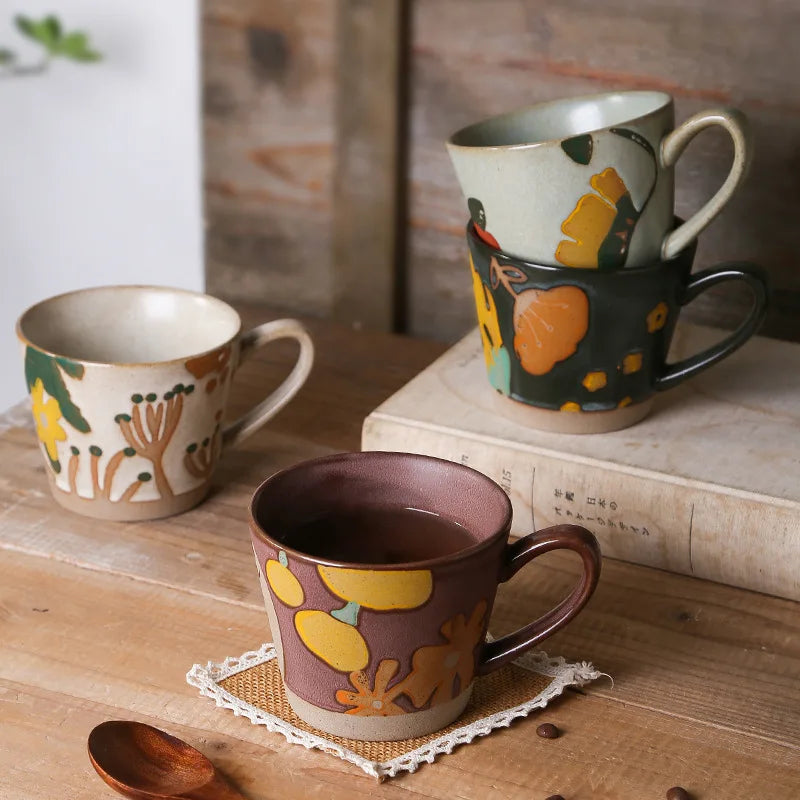 Mug céramique rétro motif floral peint main