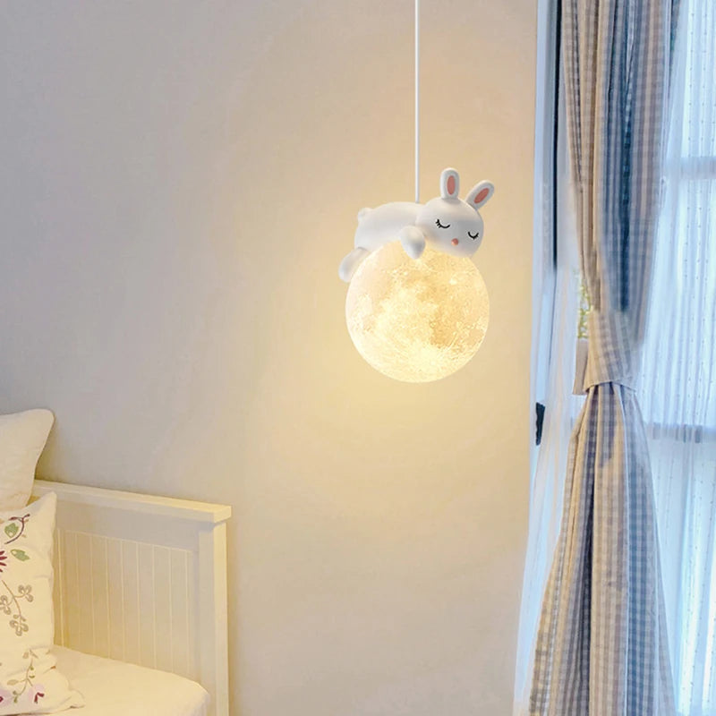 Suspension ours chevet enfant 3d lune lapin blanc veilleuse - vue 7 sur 10