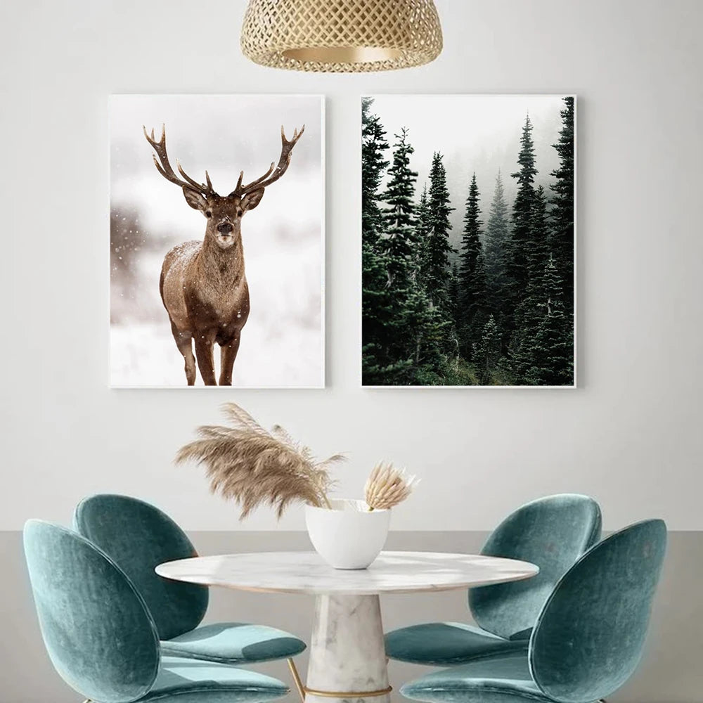 hiver forêt cerf hibou paysage nordique toile décorative murale - vue 7 sur 7