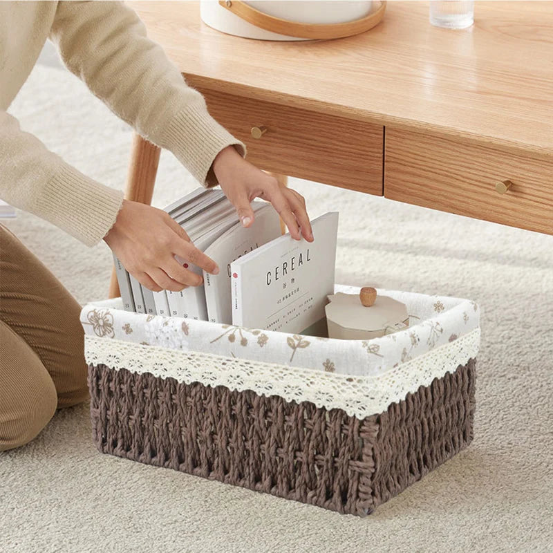 panier de rangement tissé en rotin avec doublure amovible décorative - vue 5 sur 12