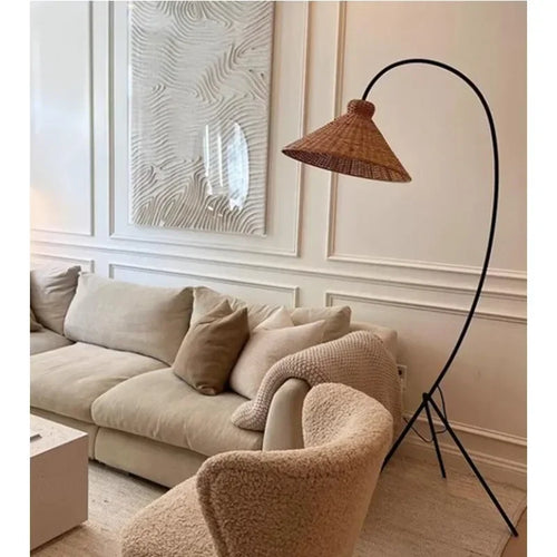 Nordic Tripod Floor Lamp with Rattan Shade Standing Light for Living Room Bedroom - vue 4 sur 7