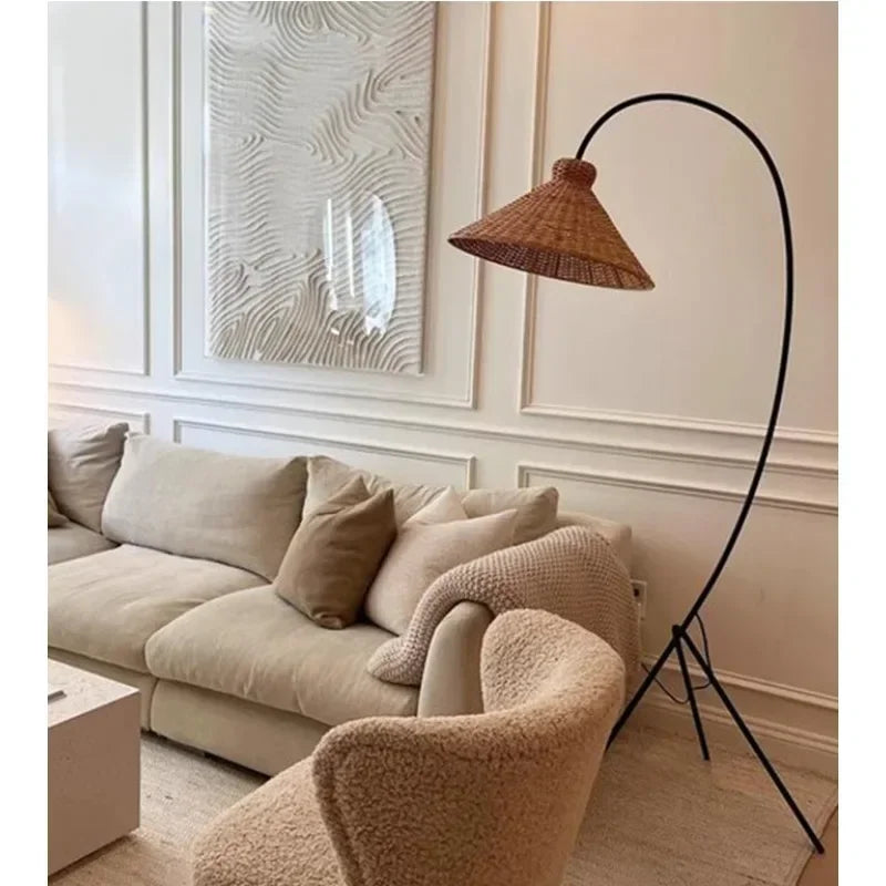Nordic Tripod Floor Lamp with Rattan Shade Standing Light for Living Room Bedroom - vue 3 sur 7