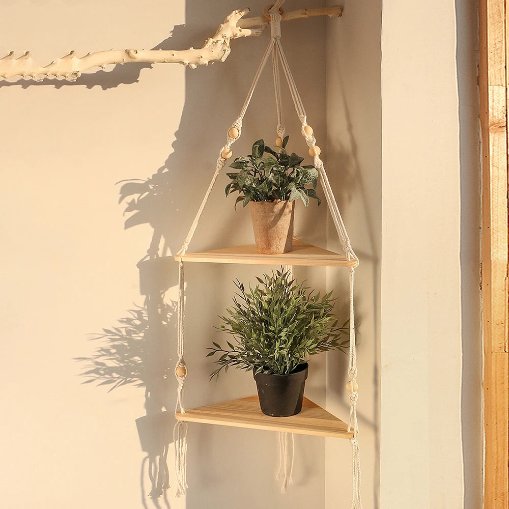 étagère murale flottante en bois pour décoration intérieure bohème