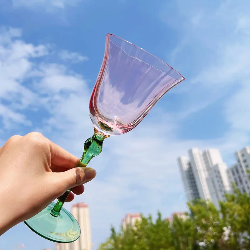 Gobelet vintage sur pied verre floral bicolore élégant