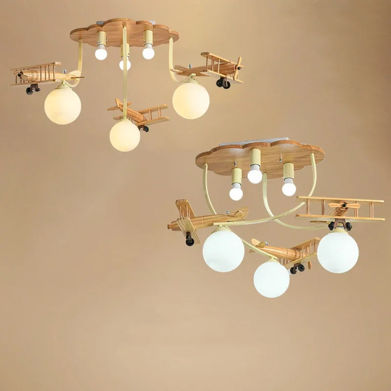 lustre en bois avion pour chambre d'enfant plafonnier led - vue 5 sur 7