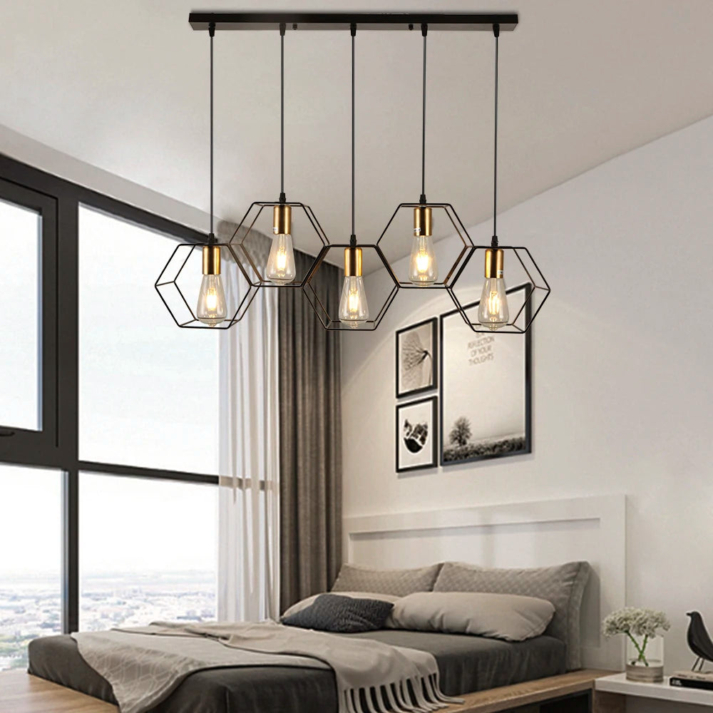 Loft Industrial Style Hexagonal Iron Art Dining Room Chandelier Retro Living Room Bedroom Lamp Bar Edison Creative Lamps - vue 3 sur 16