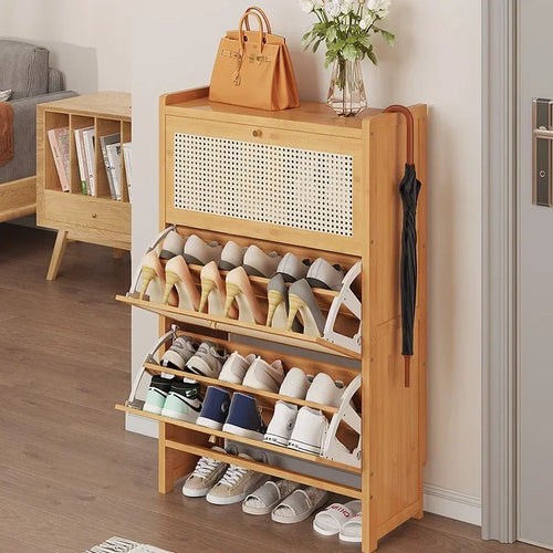 étagère à chaussures en bambou et rotin polyvalente et rabattable - vue 2 sur 18