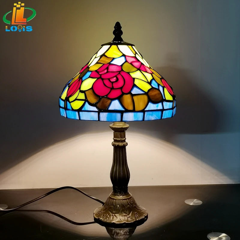 lampe de chevet style tiffany avec fleurs rouges émaillées antique