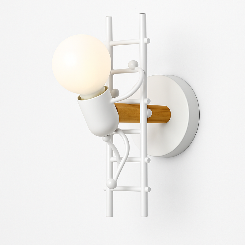 Applique murale en métal et bois avec bonhommes sur escalier