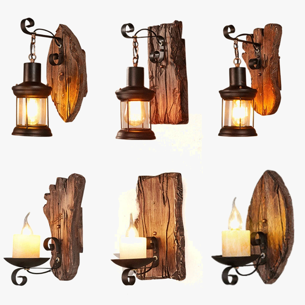 applique murale industrielle vintage en bois avec abat-jour en métal et verre