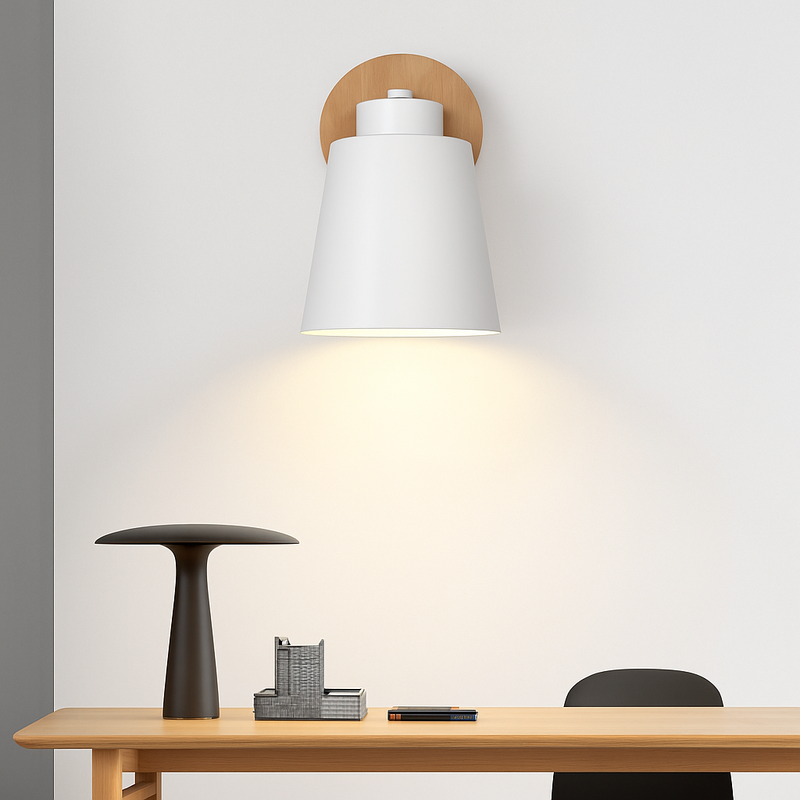 Applique murale LED abat-jour orientable en métal et support en bois