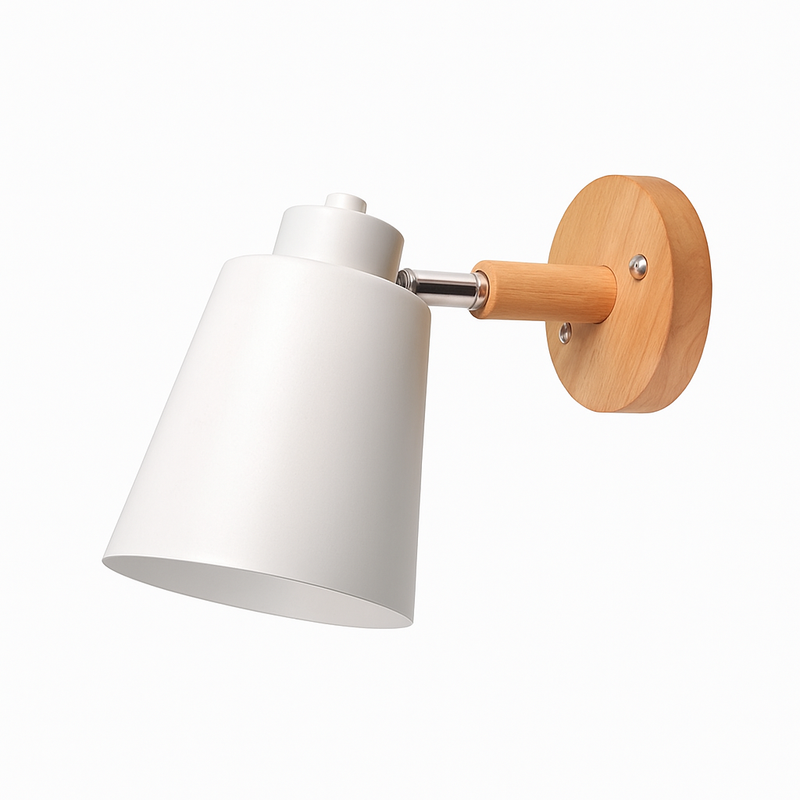 Applique murale LED abat-jour orientable en métal et support en bois