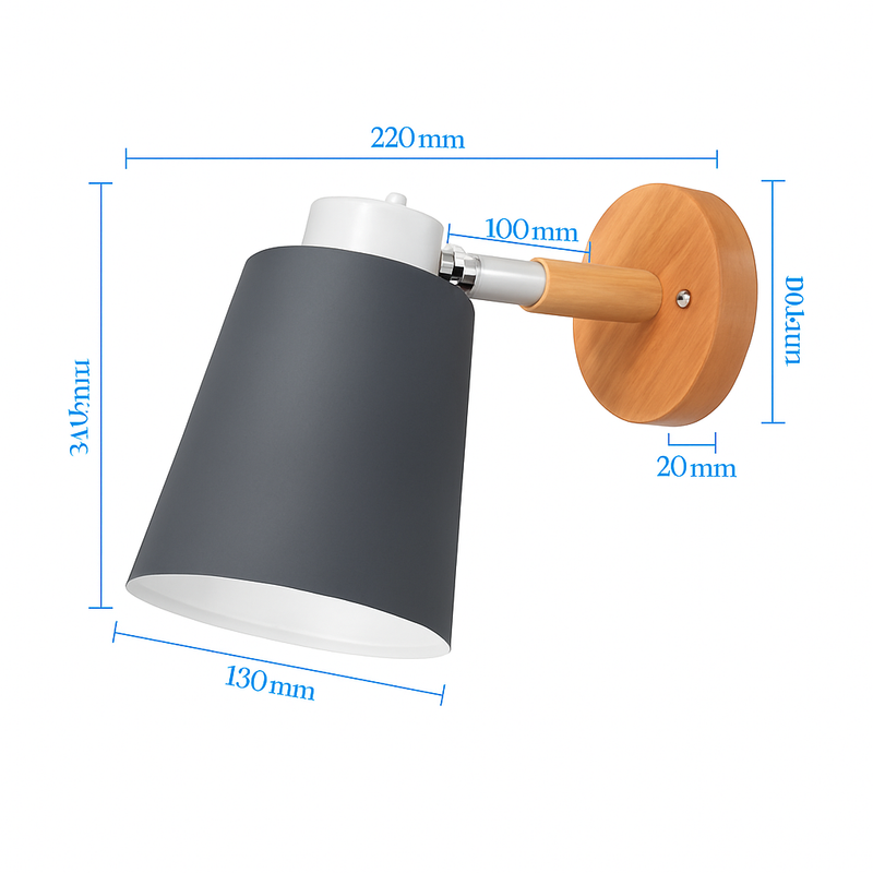 Applique murale LED abat-jour orientable en métal et support en bois