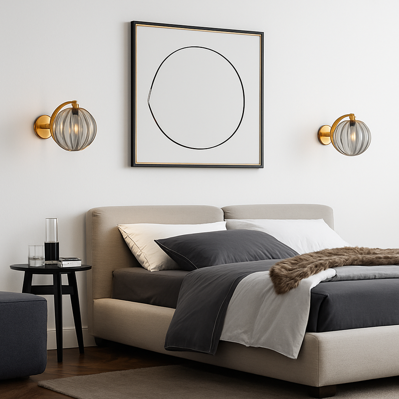 Applique murale LED avec tige dorée et boule en verre colorée