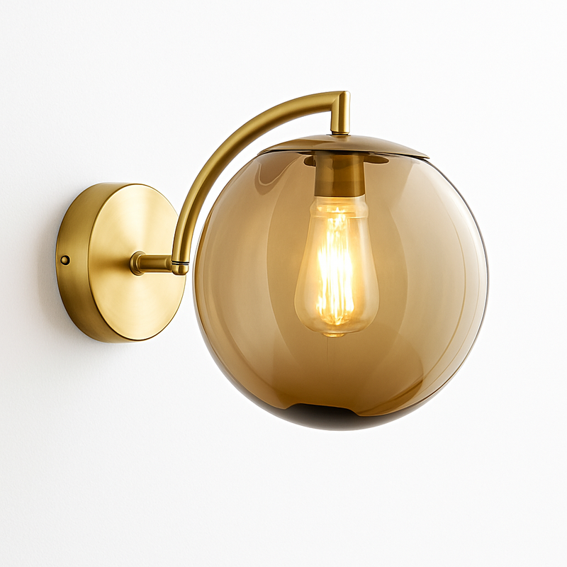 Applique murale LED avec tige dorée et boule en verre colorée