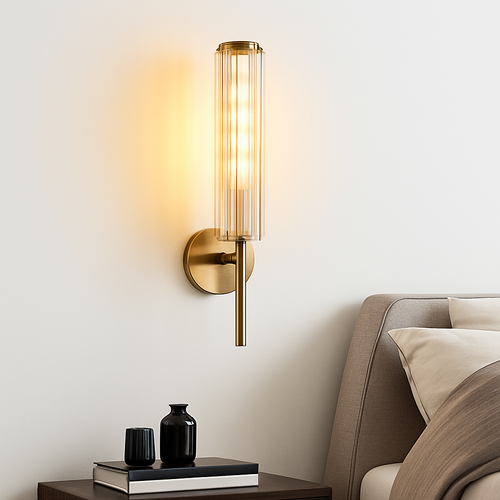 applique murale moderne en verre transparent et laiton doré pour intérieur