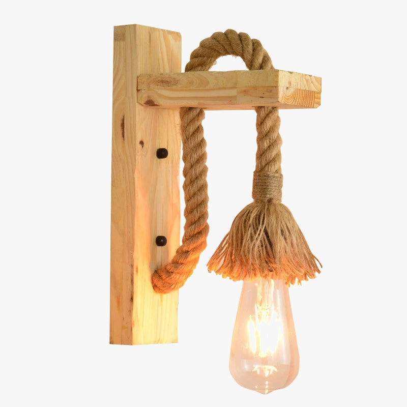 applique murale vintage industrielle en bois et corde de chanvre led loft