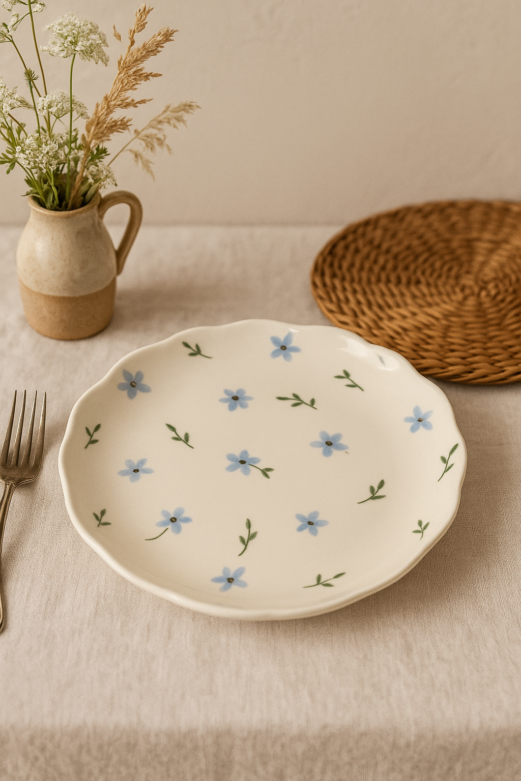 Assiette ceramique artisanale style coreen motif floral irregulier
